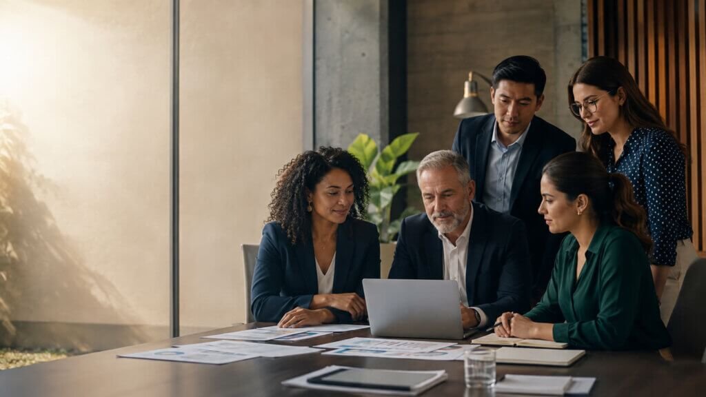Profissionais da Administração reunidos em ambiente corporativo, analisando estratégias e resultados.