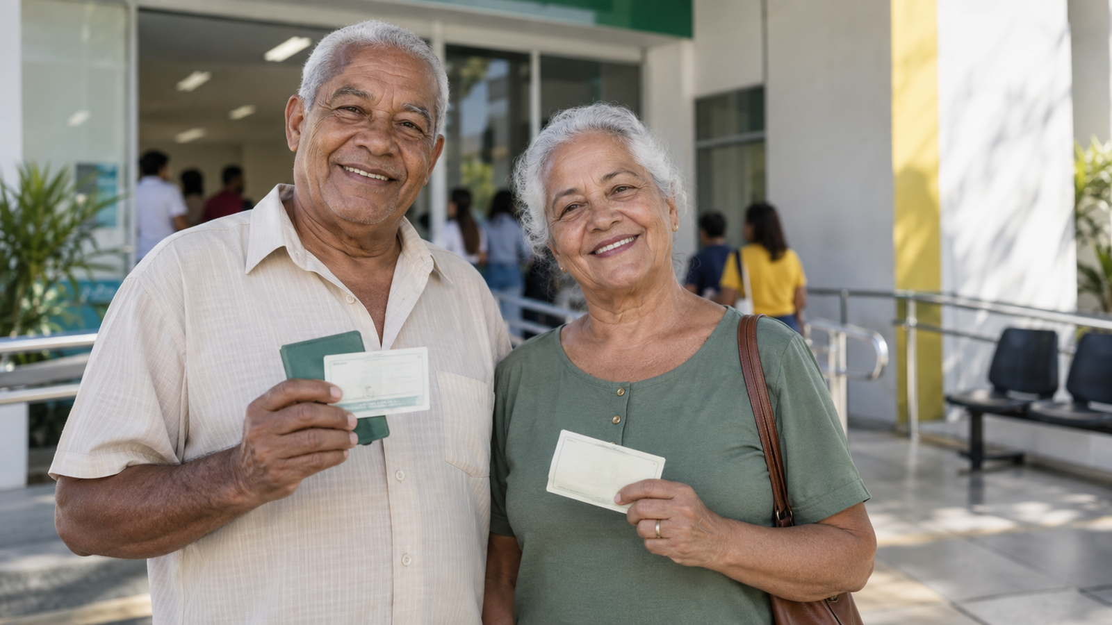 Homem e mulher idosos em ambiente de atendimento publico, representando informacao sobre prova de vida do INSS